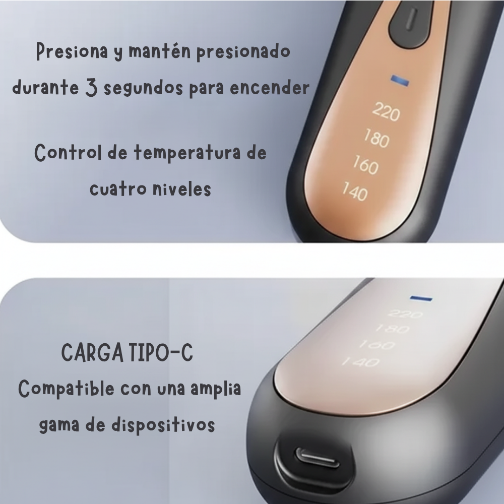 Cepillo alisador de cabello portátil inalámbrico con batería recargable USB-C y 4 niveles de temperatura ajustable (color negro, rosa y lila)
