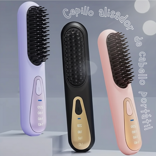 Cepillo alisador de cabello portátil inalámbrico con batería recargable USB-C y 4 niveles de temperatura ajustable (color negro, rosa y lila)
