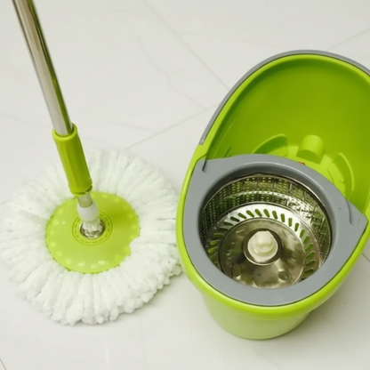 Trapero Giratorio 360° con Balde Autoescurrible y Cabezal de Microfibra, Ajustable con Tambor Metálico – 4 Mopas