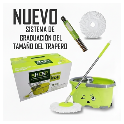 Trapero Giratorio 360° con Balde Autoescurrible y Cabezal de Microfibra, Ajustable con Tambor Metálico – 4 Mopas